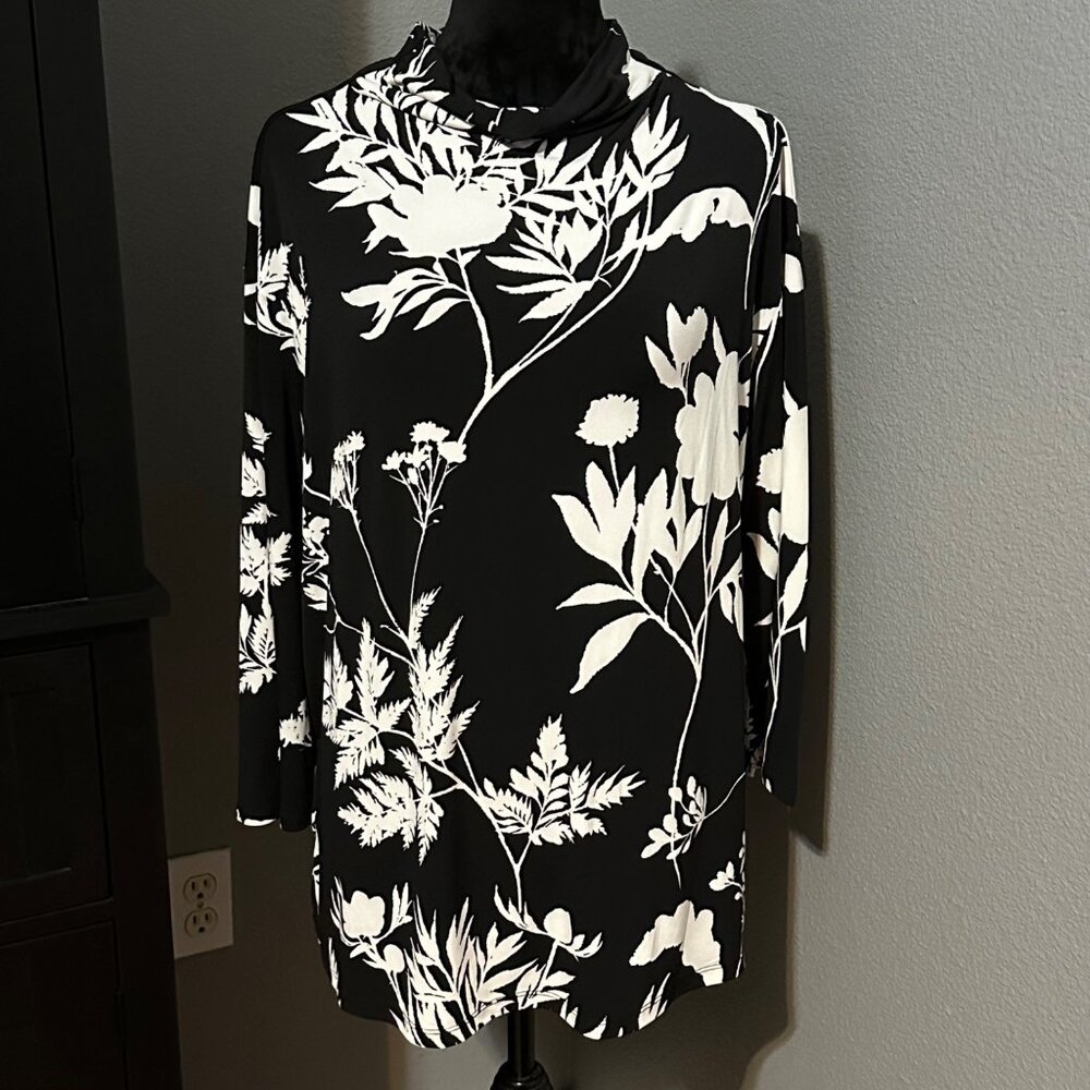 Liz Claiborne Blouse Womens XL Black Leaf Floral Tunic Top Cowl Neck Modern Chic